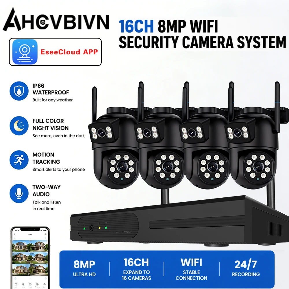 16CH 8MP 4K PTZ Camera NVR Security System Dual Lens Ultra Wide Angle Two-Way Audio AI Human Tracking Outdoor WiFi CCTV Kit