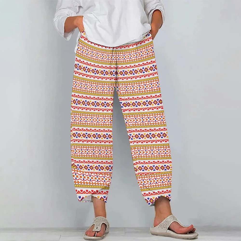 

Vibrant Geometric Print Pants Bold Multicolored Prints Trousers Ethnic-Inspired Pants Boho Vacation Trousers Party-Ready Bottoms