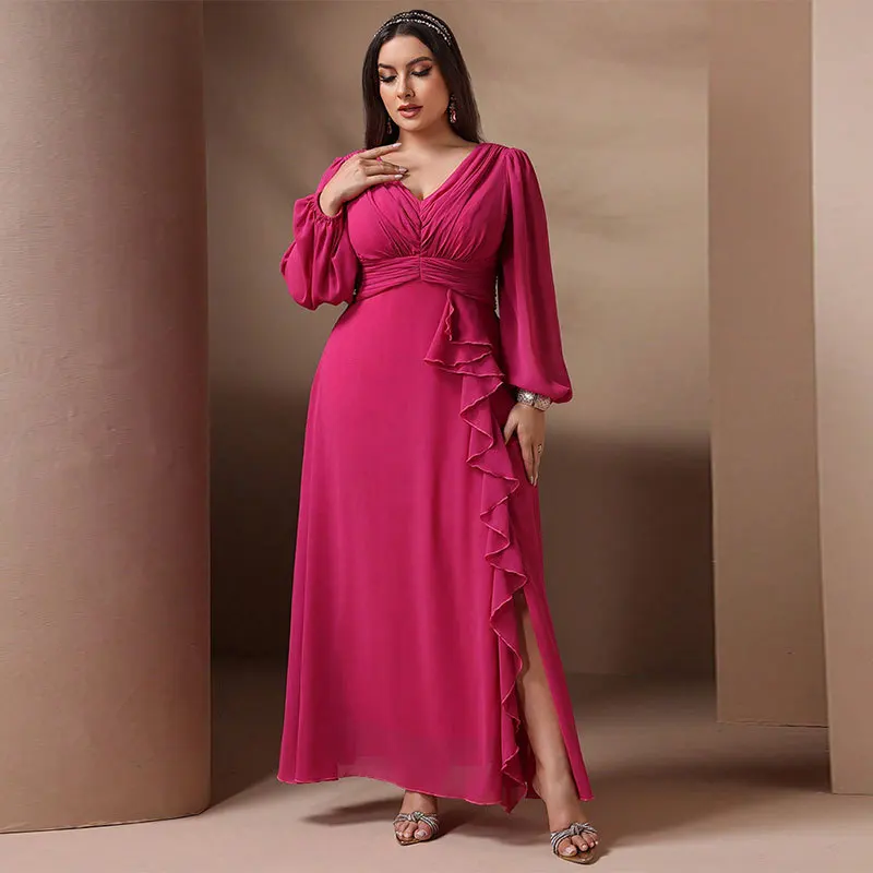 

KYP455 Неводное шифоновое вечернее платье большого размера с V-образным вырезом, длинная юбка трапециевидной формы Sve, чистый цвет, материал из искусственной кожи, зимняя коллекция...