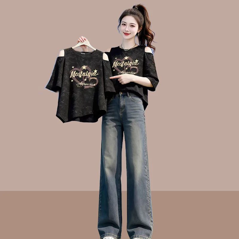 Shoulder Bared Short Sleeve T Shirt Women's Korean Style Casual Loose Fit Breathable Comfortable Anti Aging Fashionable Top