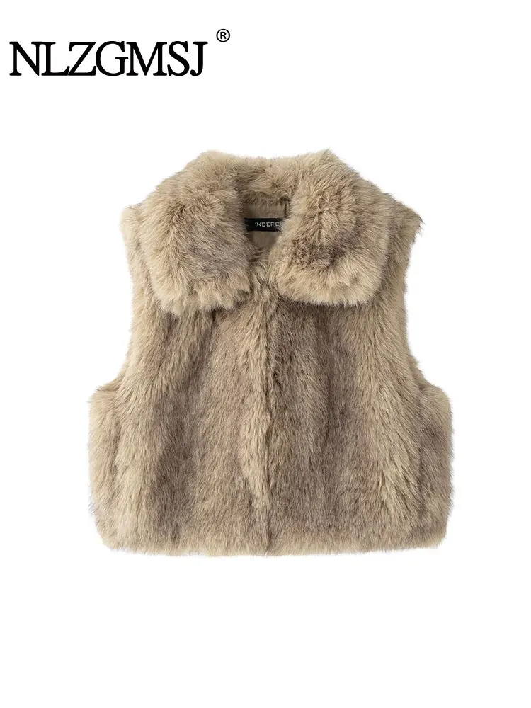 TRAF 2024 Winter Women Fashion Faux Fur Printed Sleeveless Jacket Waistcoats Vintage Vest Female Chic Lady Tank Tops