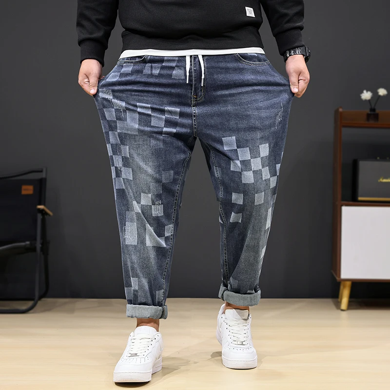 8XL oversized jeans men's fashion mosaic printing stylish stretchy plus size casual denim loose 150kg fat pants