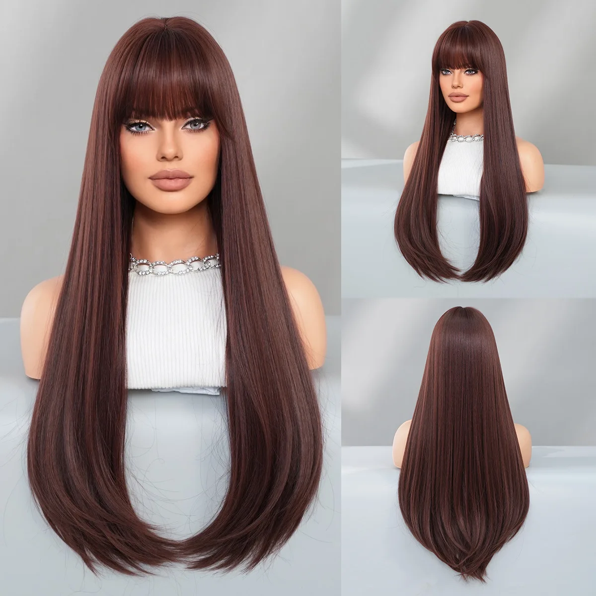 Women's long bangs, straight hair, buckle inside, mocha brown fashionable full head set, Mocha Brown Wigs