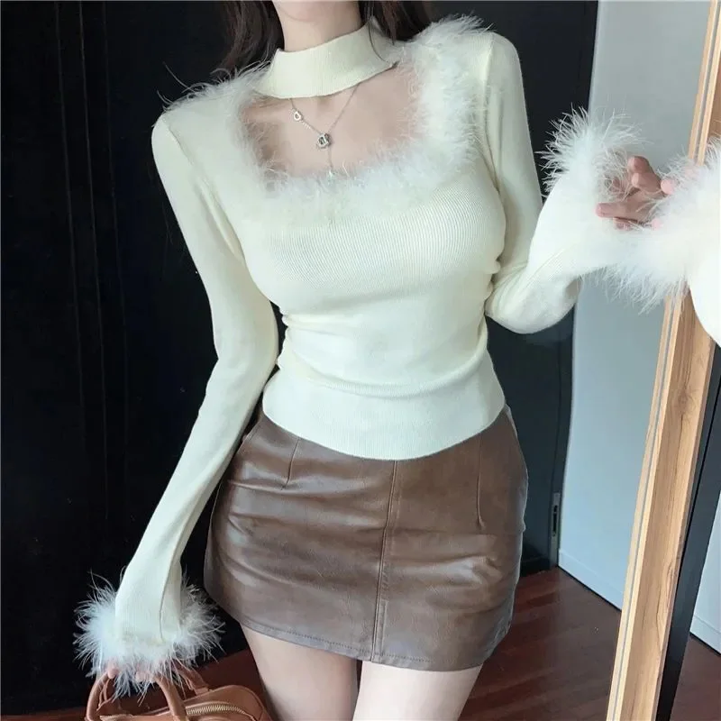 Fur Collar Shirt Women Elegent Chic Solid Sexy Halter Neck Pullover Fashion Elegant Skinny Hot Tees Nightclubs Furry Shirt