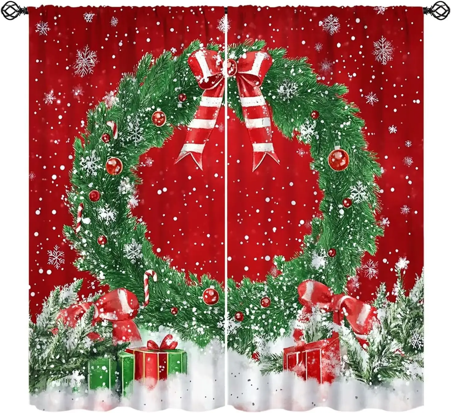 Merry Christmas Wreath Snowflake Festivals Atmosphere Rod Pocket Curtains 2 Panel Drapes Suitable for Living Room Bedroom Decor