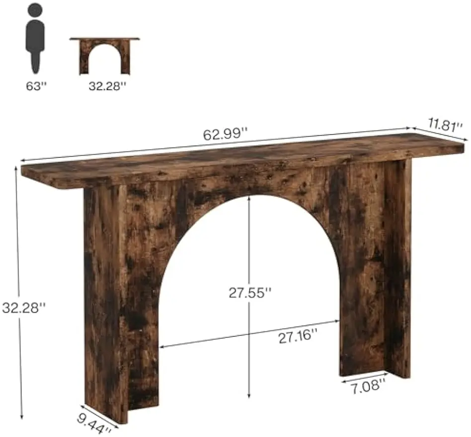 63-Inch Farmhouse Console Table, Rustic Entryway Wood Sofa Wall Table with Curved Arch Brace, Thickened Accent for Living Room