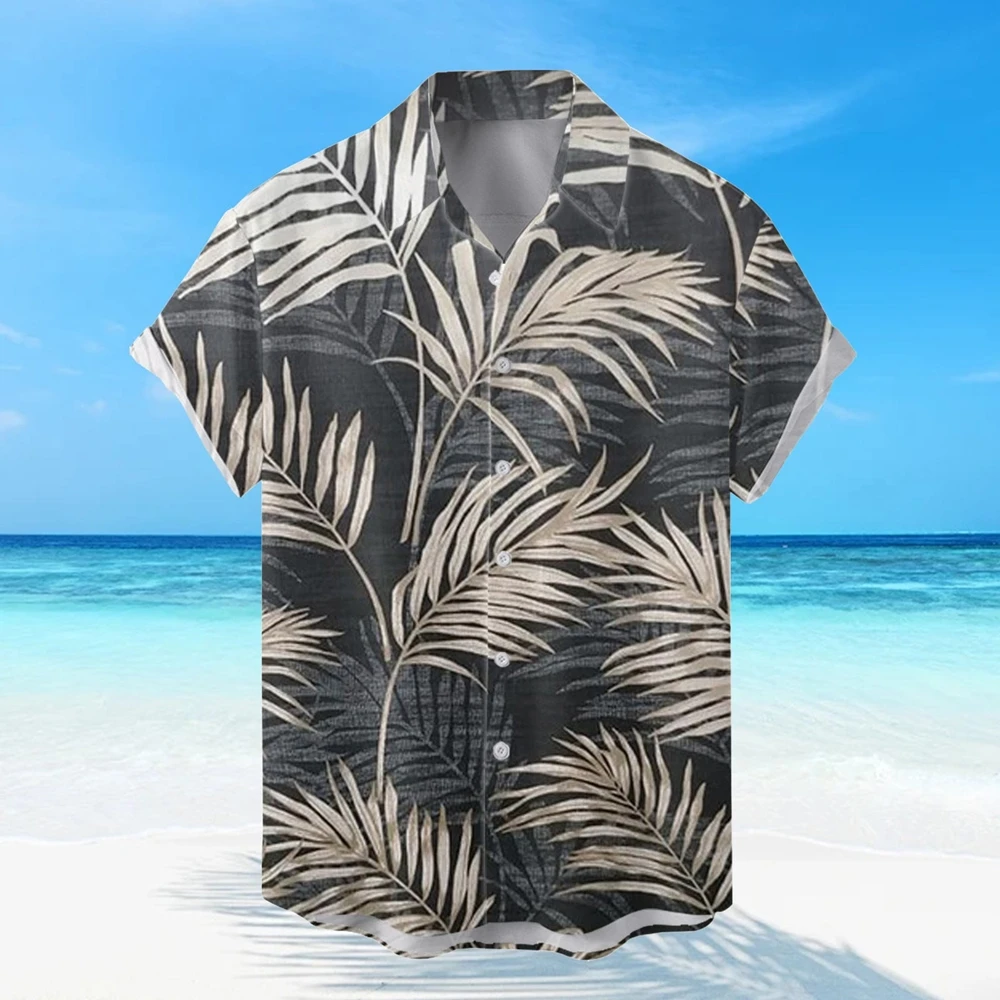 Camisa casual para férias na praia masculina, vintage havaiano, folhas estampadas, manga curta, solta e confortável, versátil