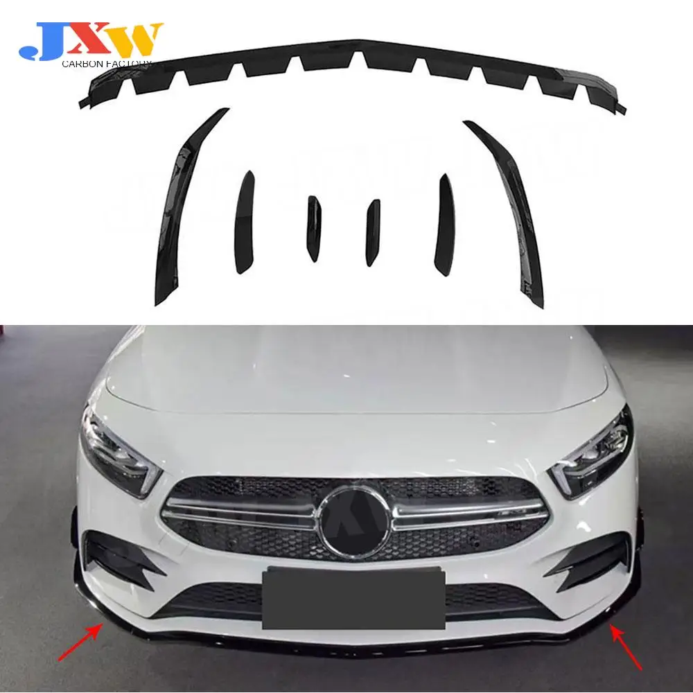 

ABS Gloss Black /Carbon Look 7PCS Front Bumper Lip Chin Splitters With Side Trims For Benz A Class W177 A35 AMG 2019-2022 Sedan