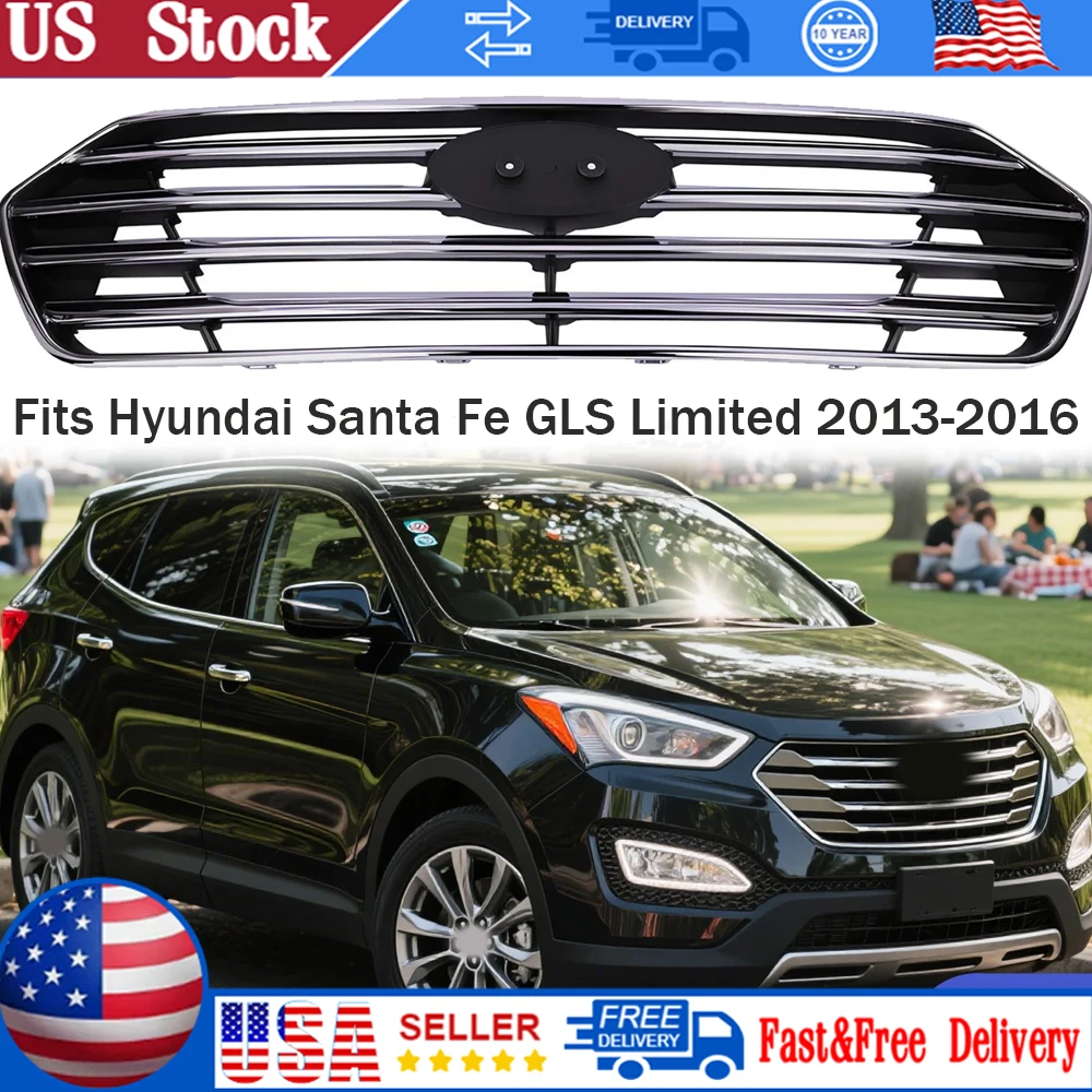 

1PCS Car Front Bumper Grille Chrome For Hyundai Santa Fe GLS Limited 2013-2016 3.3L 7 Seat Front Engine Radiator Bumper Grille