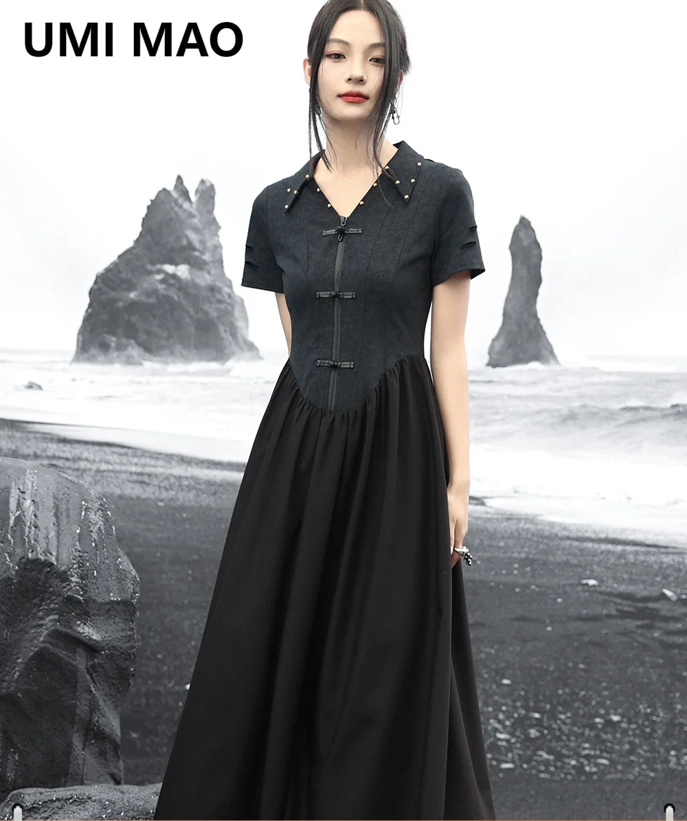 

UMI MAO Retro Patchwork Dress Elegant 2024 New Niche Design Sense Punk Style Short Sleeved Slimming Dresses Femme