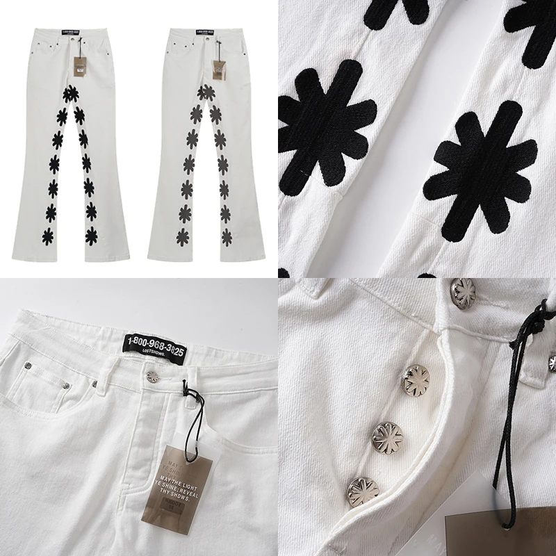 

Street LOSTSHDWS Jeans High Street High Quality Casual Flared Pant Flower Embroidery Print Microprojectile Lostshdws Denim Pants
