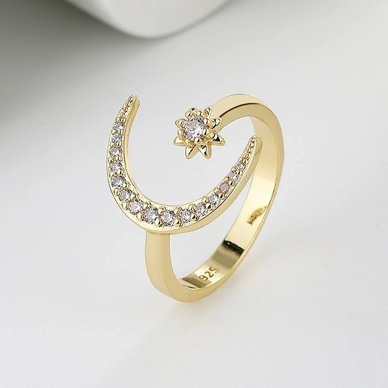 Crescent Moon Star Open Ring Elegant Geometric Adjustable Ring for Women American Style Delicate Jewelry Gift