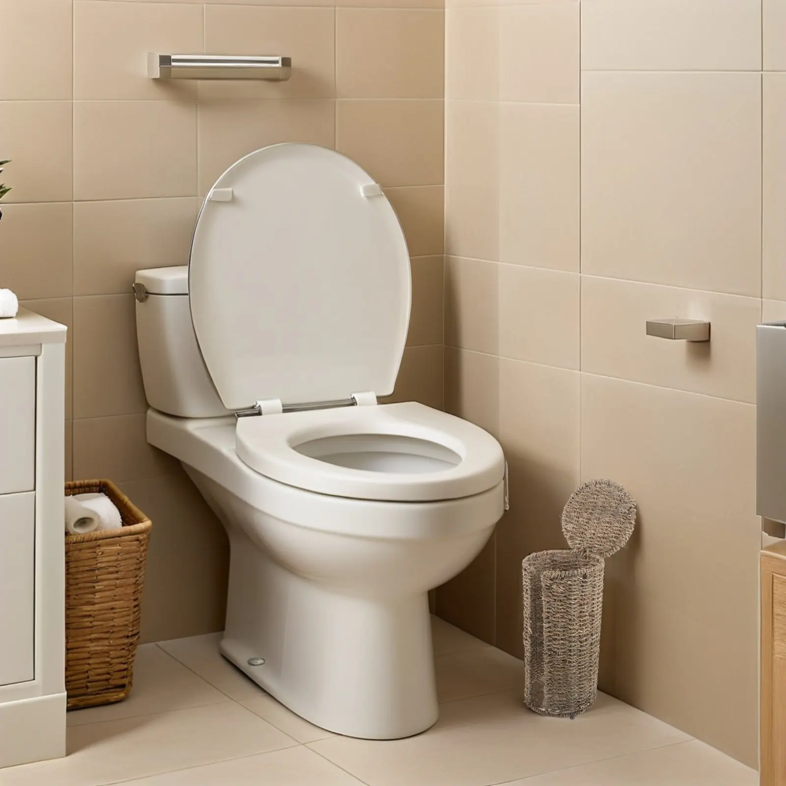 

Rattan Toilet Paper Storage Basket Lidded Bathroom Organizer Box Freestanding Tissue Holder Decorative Basket for Toilet Rolls