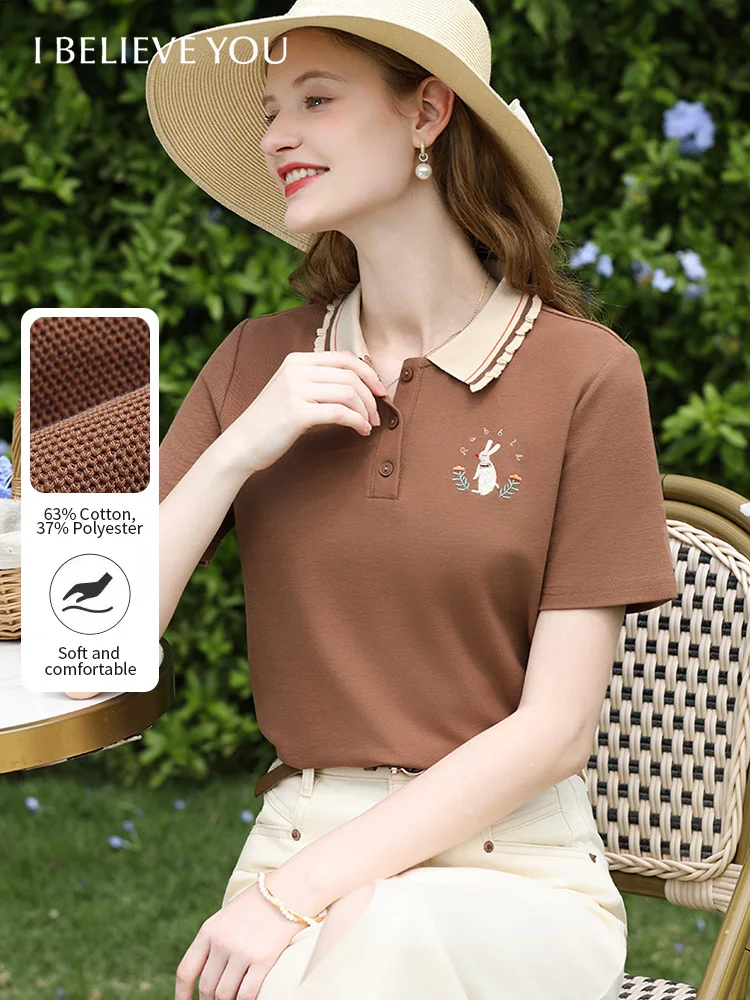 

I BELIEVE YOU Women's Polo Collar T-shirt 2025 Summer Short Sleeve Rabbit Embroidery Tee Ladies Clothing Casual Top 2252016024