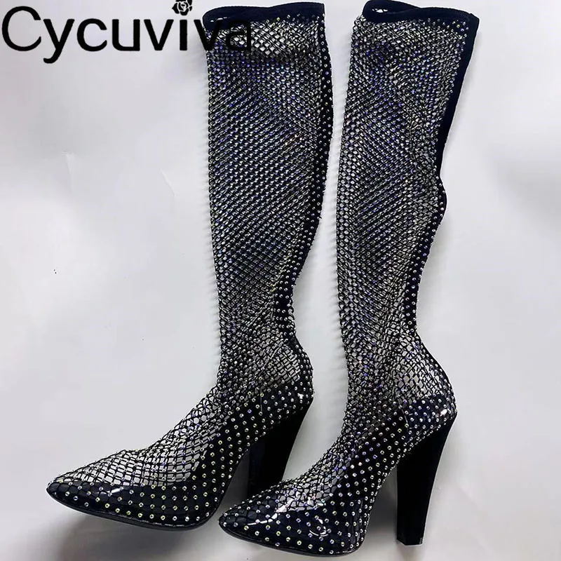 

Designer New Net Mesh Crystal Knee High Boots For Women Spike High Heels Hollow Out Party Boots Autumn Runway Sexy Long Booties