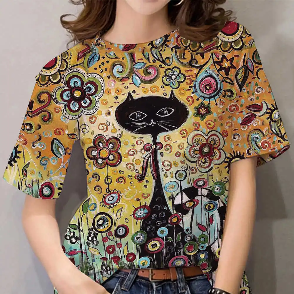 

Summer T-shirts Women 3D Print Cute Cat Short Sleeve Top 2022 Fashion Harajuku Kawaii Animal T Shirt Oversized Loose Y2k Clothes