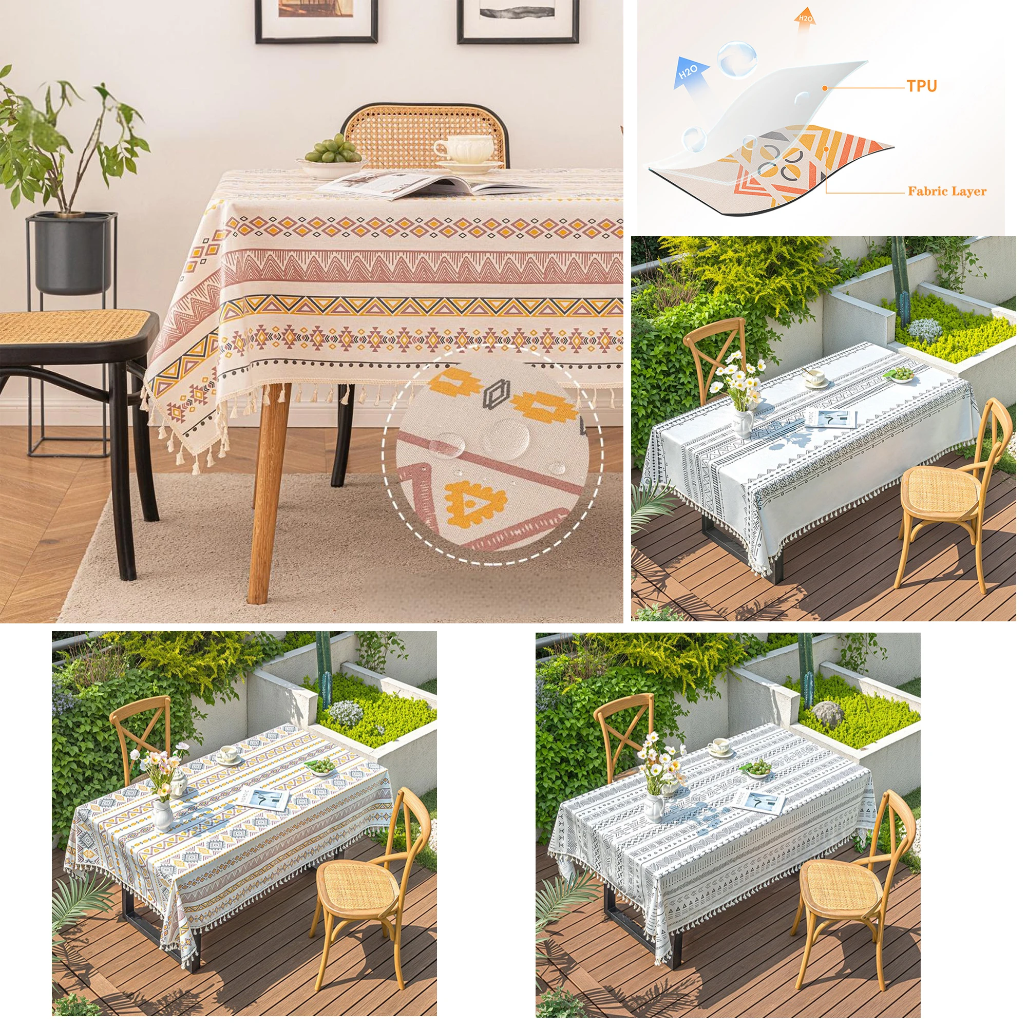 

Винтажная скатерть с кисточками в стиле бохо, водонепроницаемая хлопково-льняная богемная скатерть для патио, уличная защитная крышка для стола без морщин