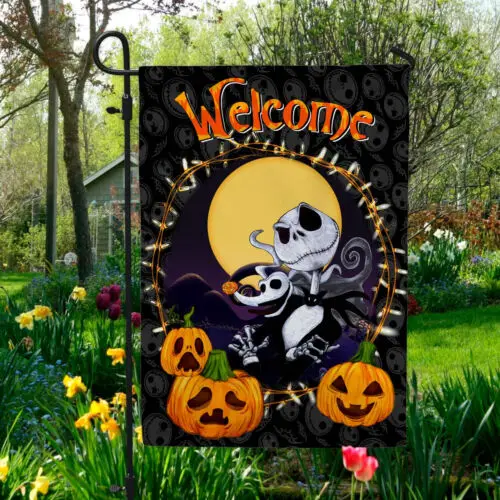 Welcome Halloween Jack Skellington Pumpkin Outdoor Indoor Garden Flag