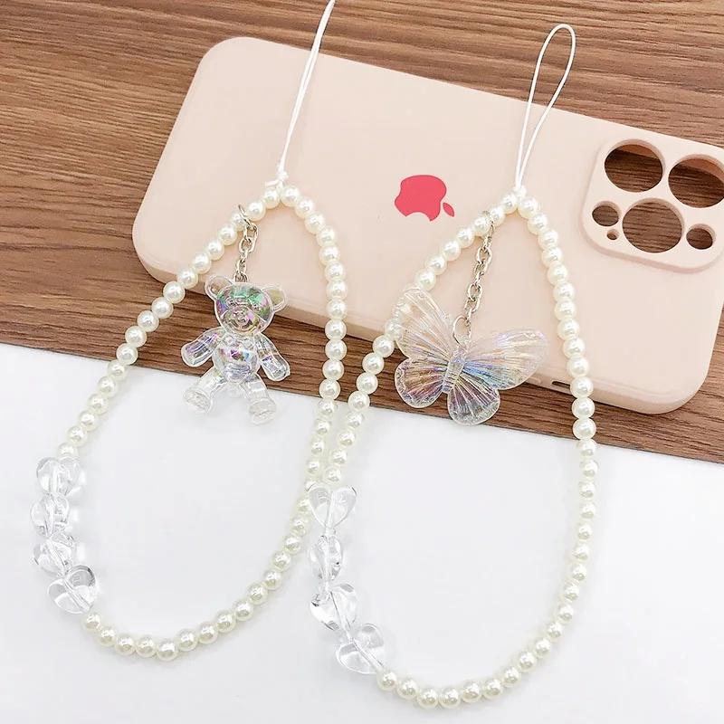 Süße Bär Schmetterling Charme Telefon Kette handgemachte Acryl Perle Herz Perlen Anhänger Telefon Gurt Frauen DIY Schmuck Zubehör