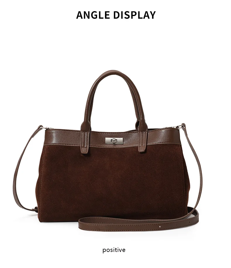 Damen Wildleder- & Leder-Tragetasche, Henkeltasche mit Silber-Verschluss, Damen-Umhängetasche Ideal für Arbeit & Alltag – Detail 7