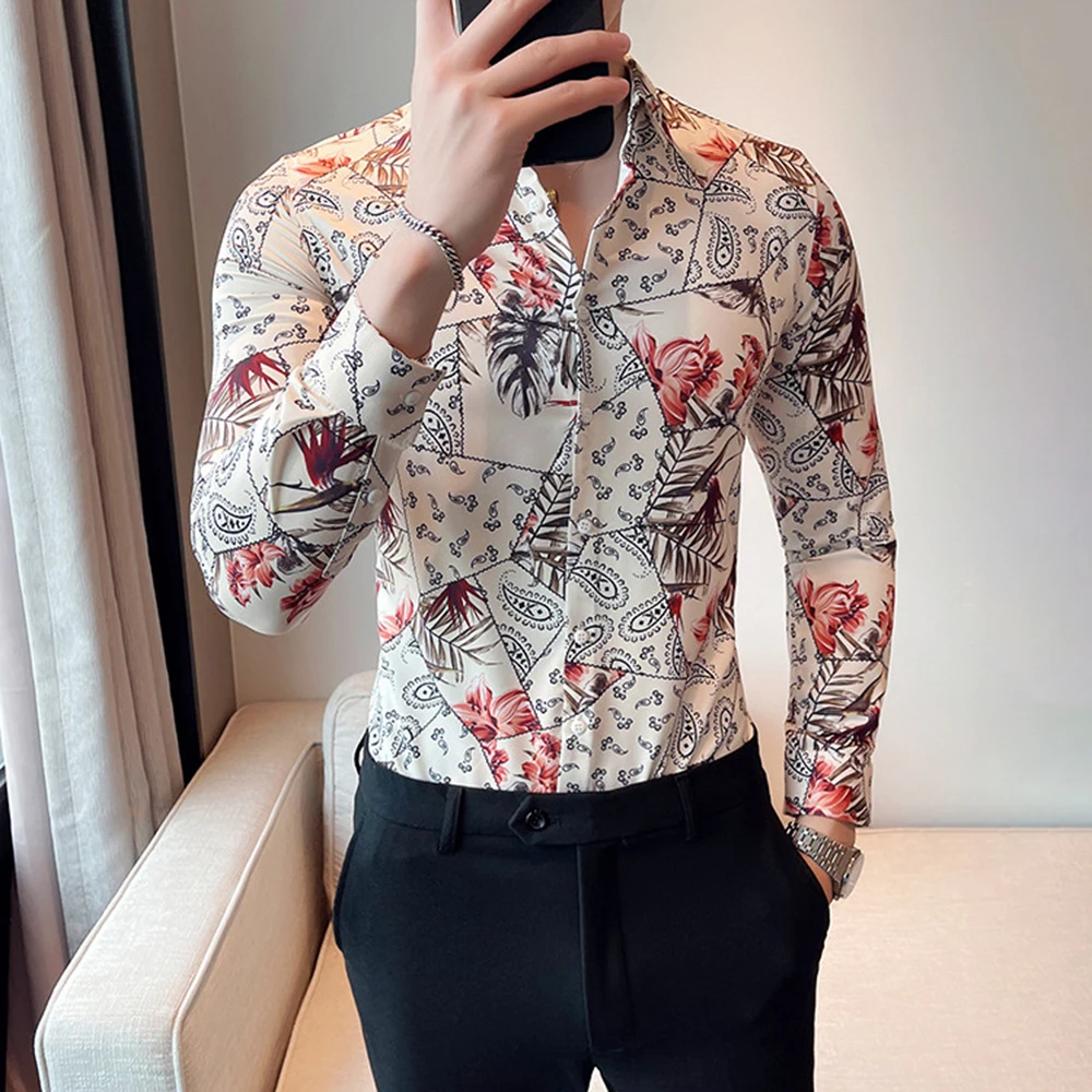 

2024 New High-Quality Men Shirt Hawaiian Floral Casual Baroque Print Travel Vacation Fashion Temperament Long-Sleeved Slim Shirt