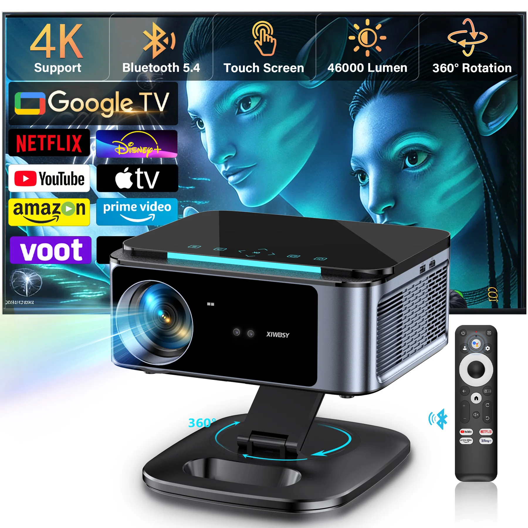 XIWBSY 4K Android TV Projector 46000Lumens Video Movie Beamer Offcial Google TV Daytime Projector TOF Laser Focus Home Theater