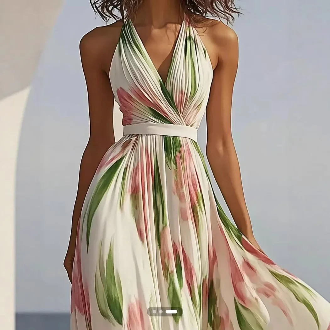 Summer Women's V-neck Fashionable Printed Vacation Style Long Suspender Dress 2025 Elegant Temperament Printed Long Dress