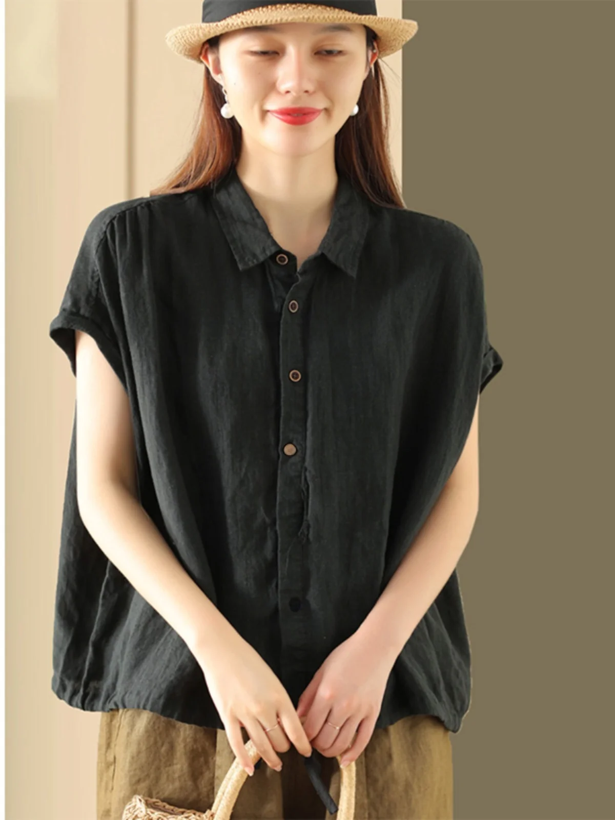レトロなコットンリネン、またはスウェット素材の女性用Dストリングカジュアルシングルボタンリネントップ、ブランド仕立てのゆったりフィット通勤服