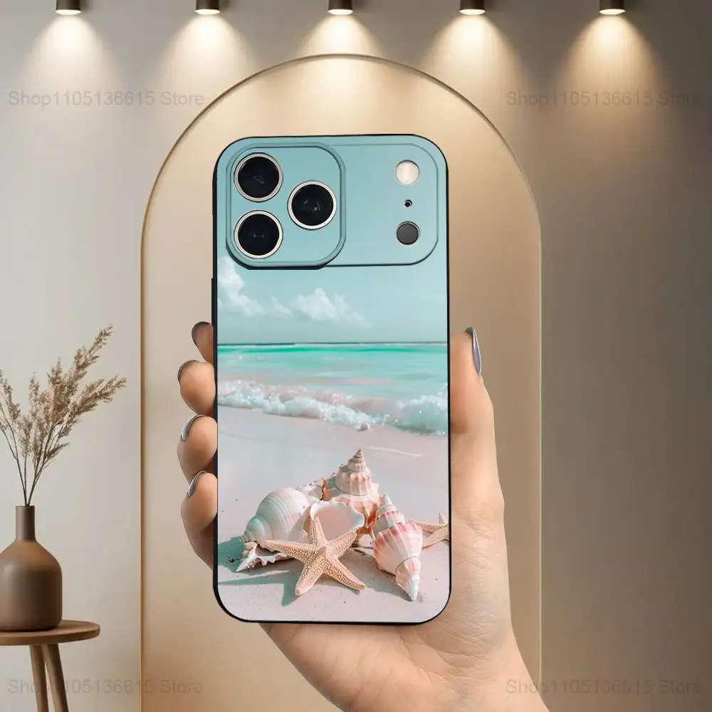 Casing Ponsel Starfish Beach Shells Untuk iPhone 17,16,15,14,13,12,11,Plus,Pro Max,XS,X,XR,SE,Mini,8,7, Penutup Silikon Lembut Hitam