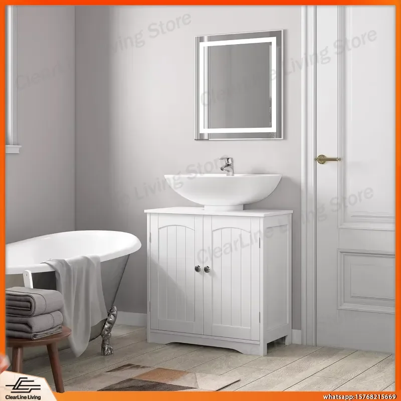 Under Sink Bathroom Cabinet Free Standing Wooden Storage Unit Basin Cupboard with 2 Doors for Lab Office Workshop Instrument