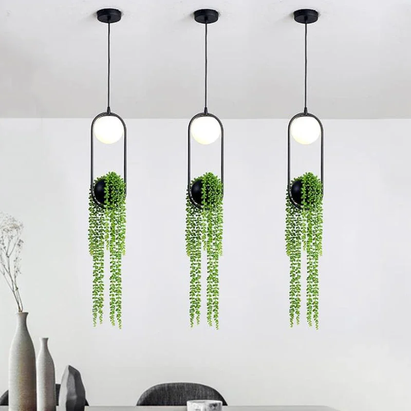 DIY Ring Plant Pendant Lights Black Flower Pot Hanging Lamp Dining Room Bar Restaurant Home Decor Lighting Fixtures