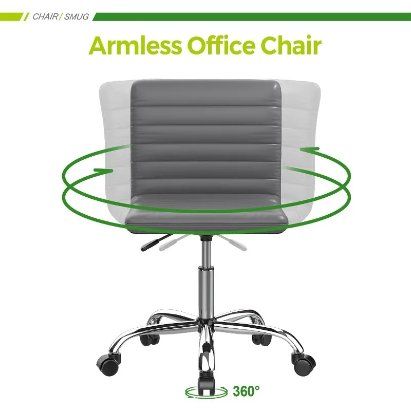 Armless Office Chair Leather Swivel Task Chair Mid Back Ribbed Home Office White Desk Chair for Adult