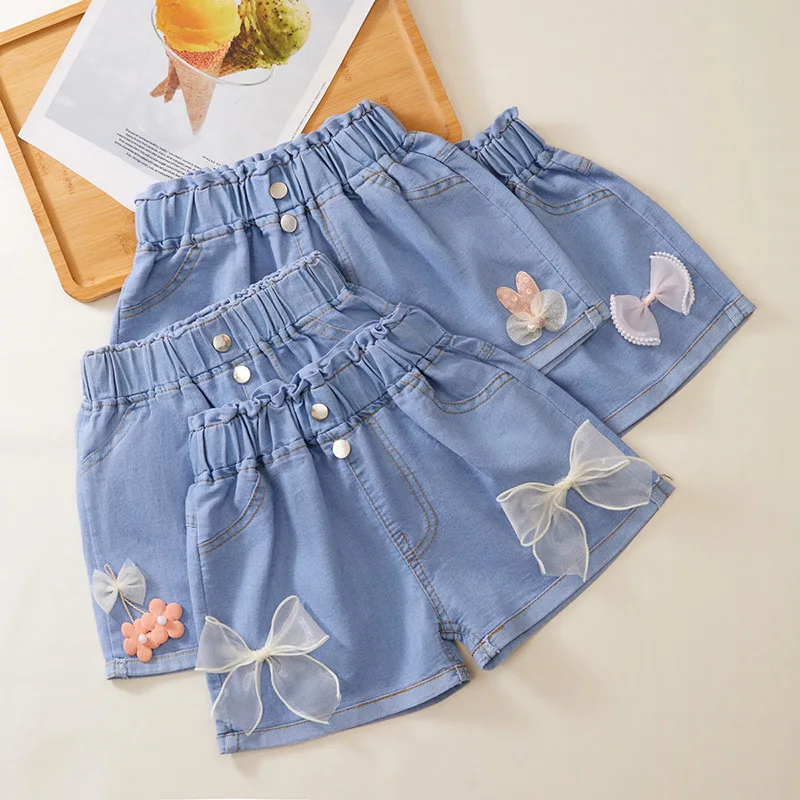 

2-12Y Girls Denim Shorts for Children's Clothing 2025 New Baby Teens Kids Blue Solid Color Lace Paste Bow Short Jeans Pants