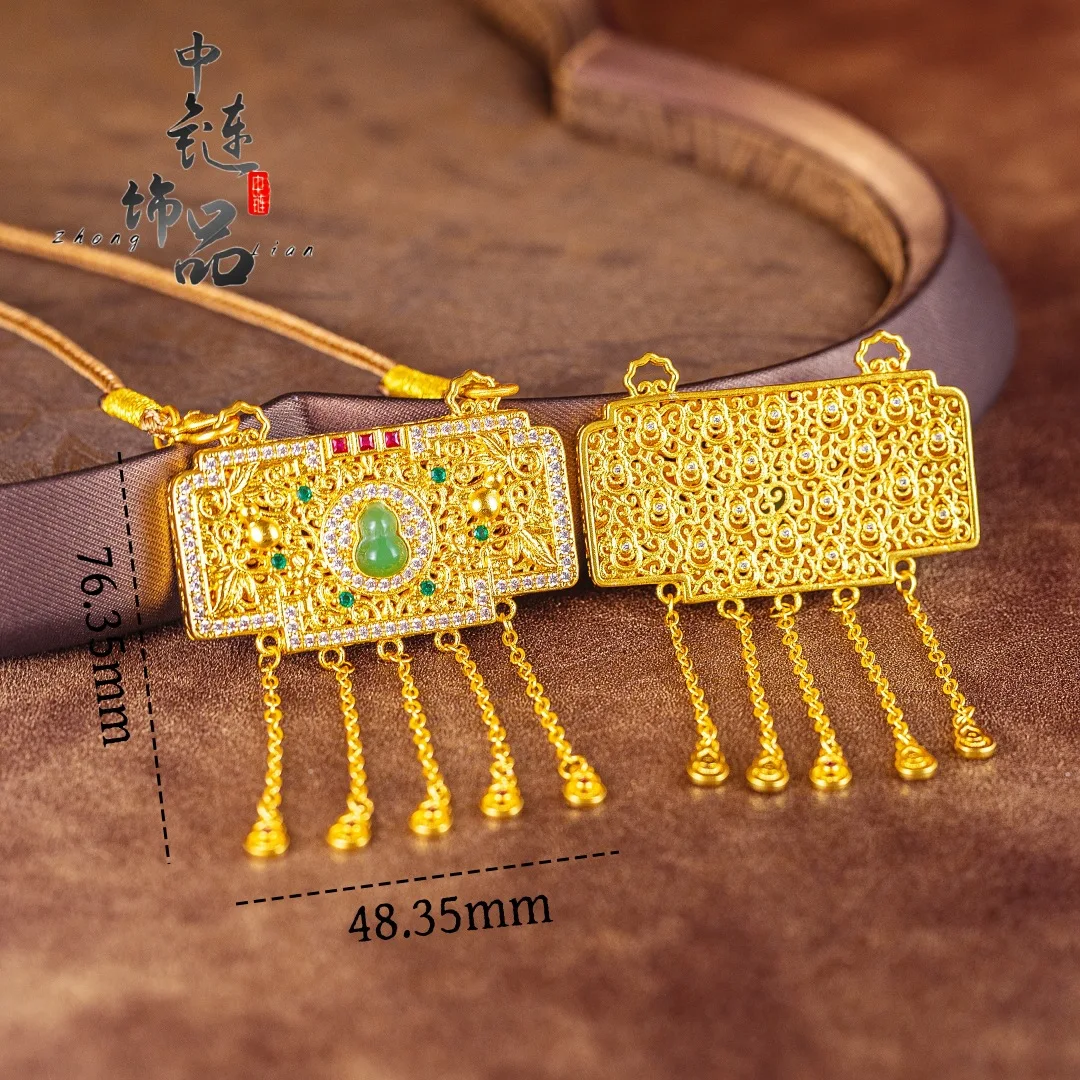 Emerald gourd long life lock pendant new Chinese hollow silk gourd 9999gold