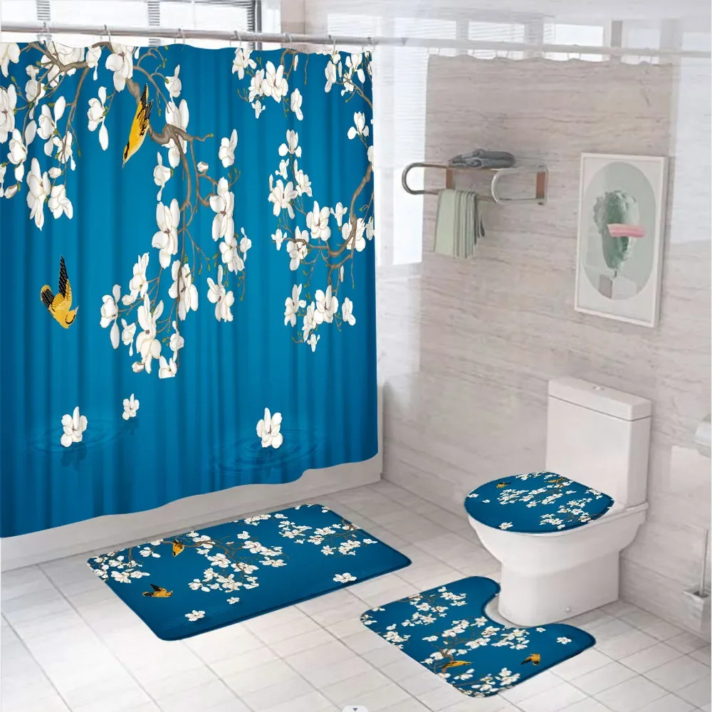 Floral Shower Curtain Set Flower Bird Tree Branch Spring Garden Bathroom Bathtub Decor With Bath Mat Rug Carpet Toilet Lid Cover