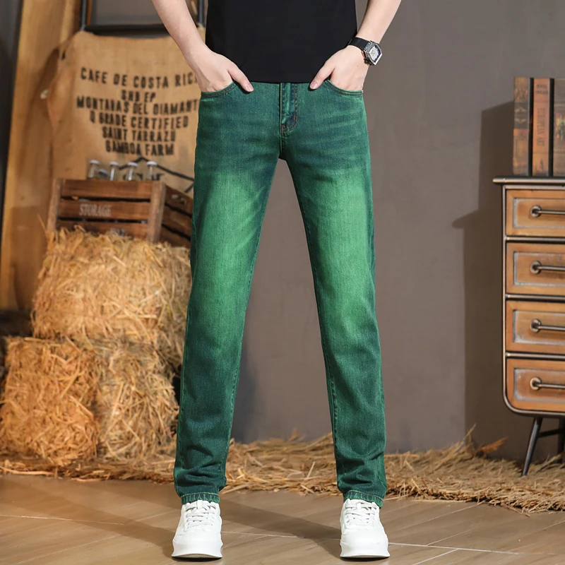 Light Luxury Men's Clothing Summer Fashion Trends Green Washed-out Vintage All-Match Stretch Slim Casual High-End Jeans Men
