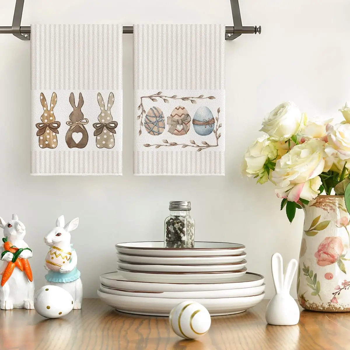 2Pcs, Easter Striped Bunny Egg Kitchen Towels, 40Cm*60Cm Towel Set, Super Absorbent Soft Cleaning Cloth, Cooking and Baking Tea Towel, Hand Towel, Cleaning Cloth, Dishcloth, Kitchen Decoration, Living Room Decorations, Kitchen Essentials, Home Essentials