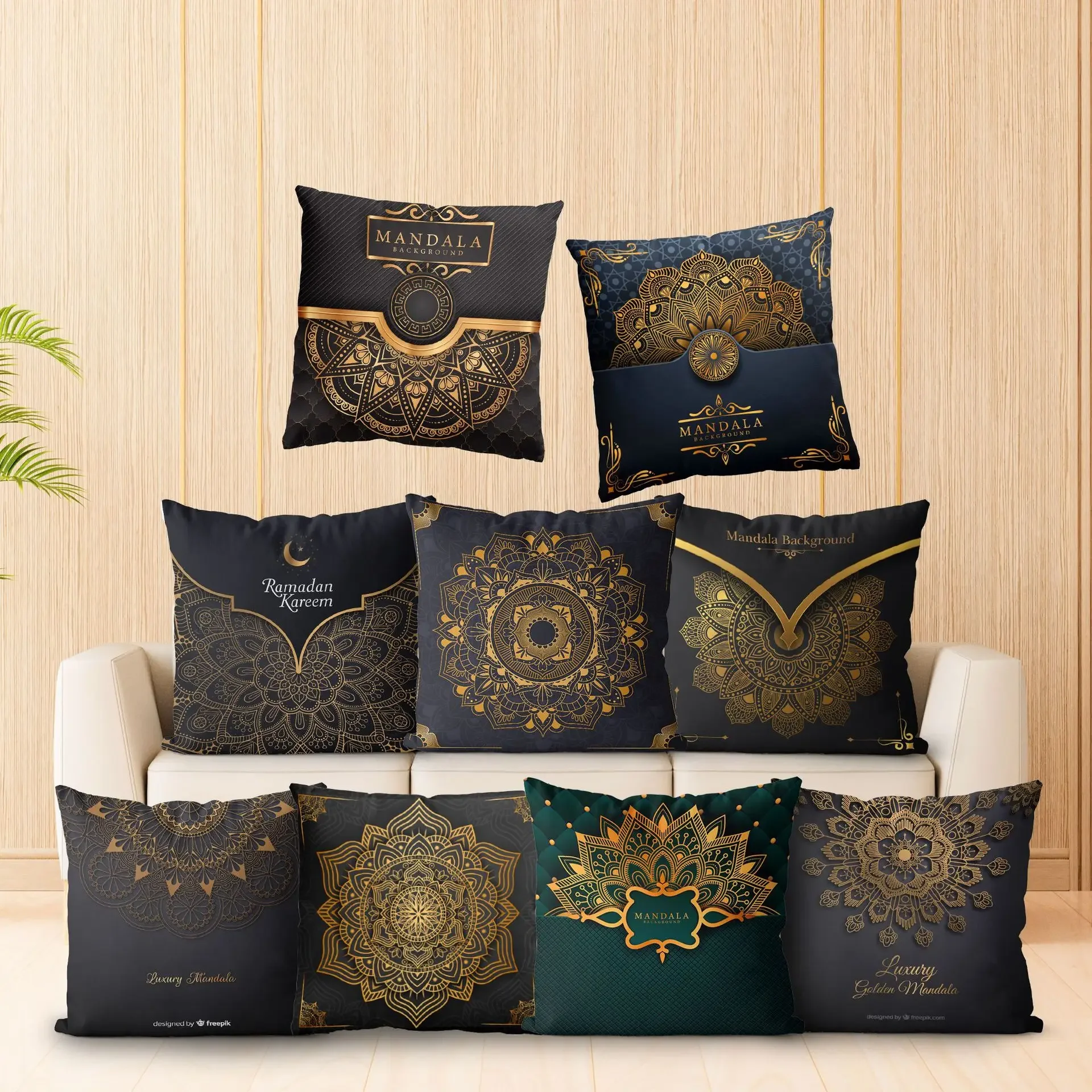 New Design Black Gold Mandala Light Luxury Printed Pillow Fabric Sofa Backrest Bedroom Pillowcase