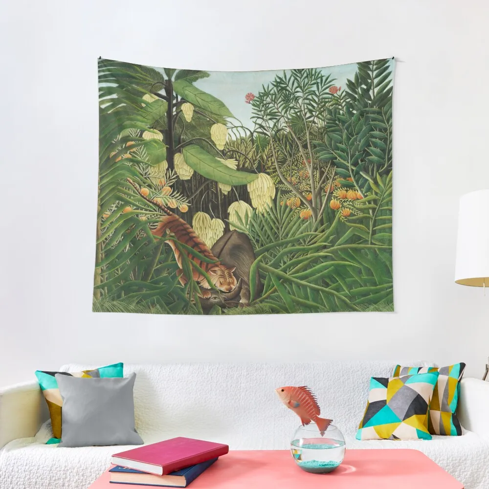 Henri Rousseau - The Jungle - Tiger Attacking A Buffalo Tapestry Wall Hanging Room Decorations Tapestry