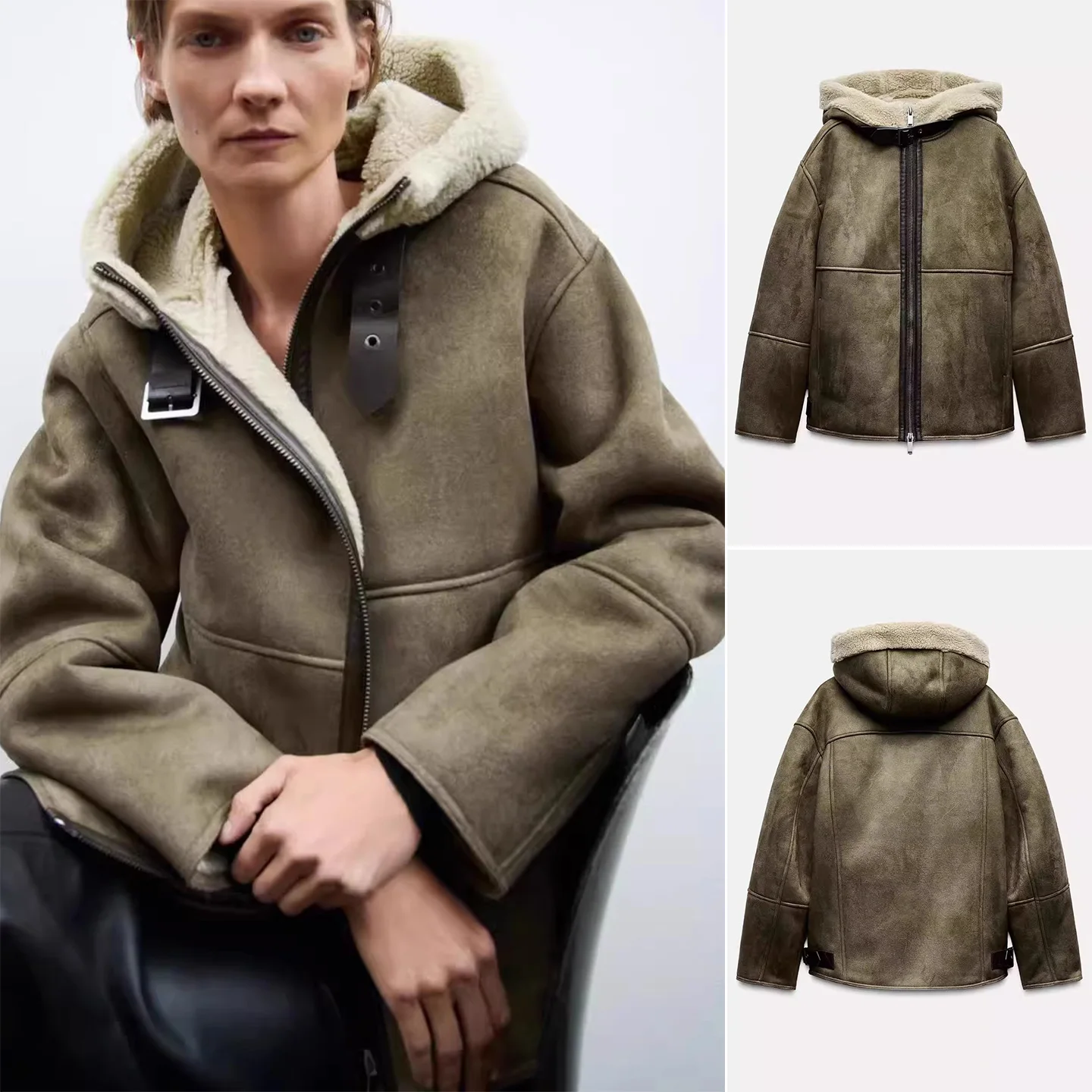 

mat Winter Women's Jaet Double-Sided Fur Leather Hooded Long Sve Zipper Closure Outerwear Polyester Fiber Coat