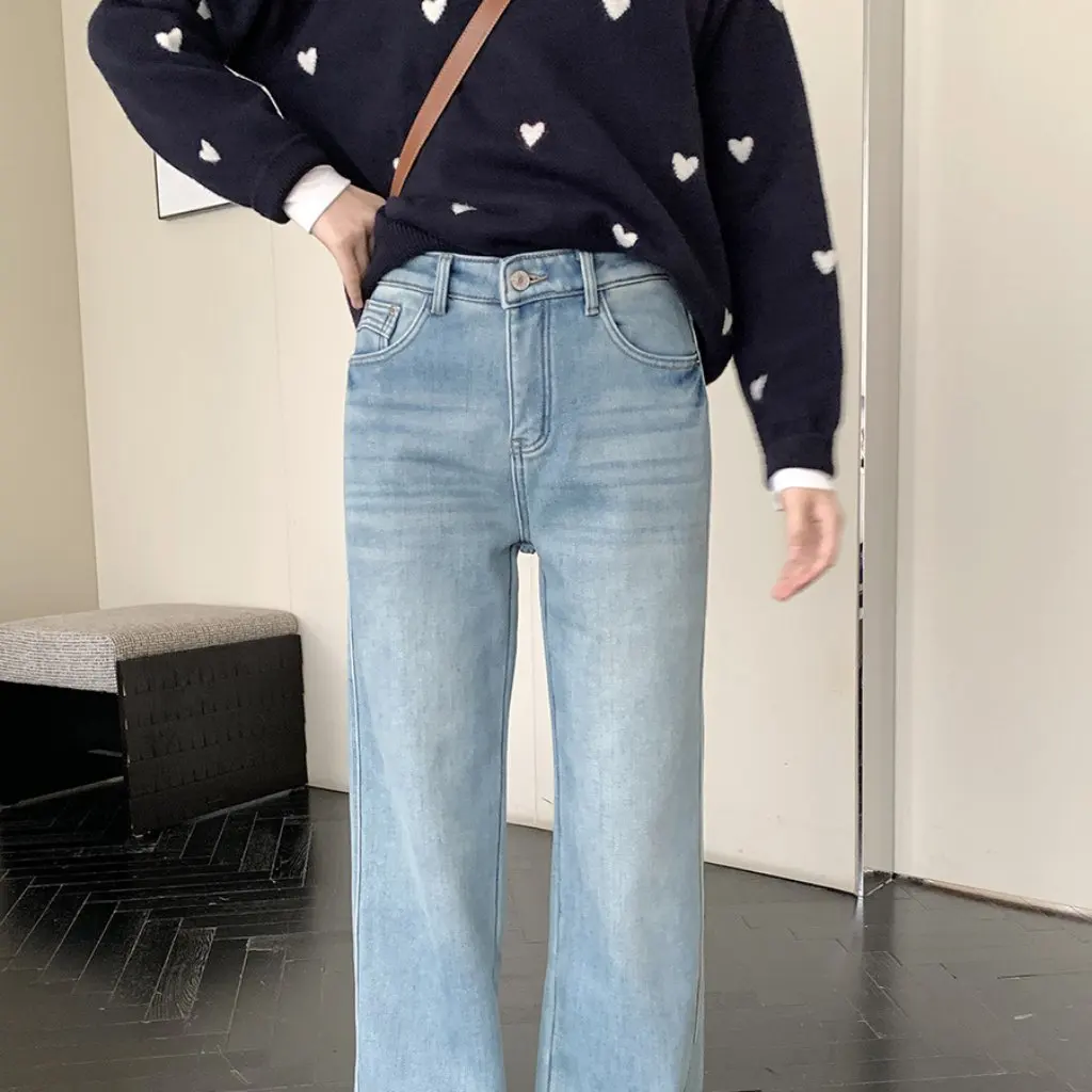 Jasnoniebieskie jeansy z polarową podszewką, wąskie, proste, luźne spodnie na jesień i zimę F120109, szerokie nogawki, moda damska.