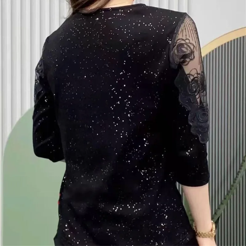 Women's Spring and Autumn Fashion Casual Elegant Pullover Solid V-Neck Hot Diamond Lace 3/4 Sleeve Slim Fit Bottom T-shirt Tops