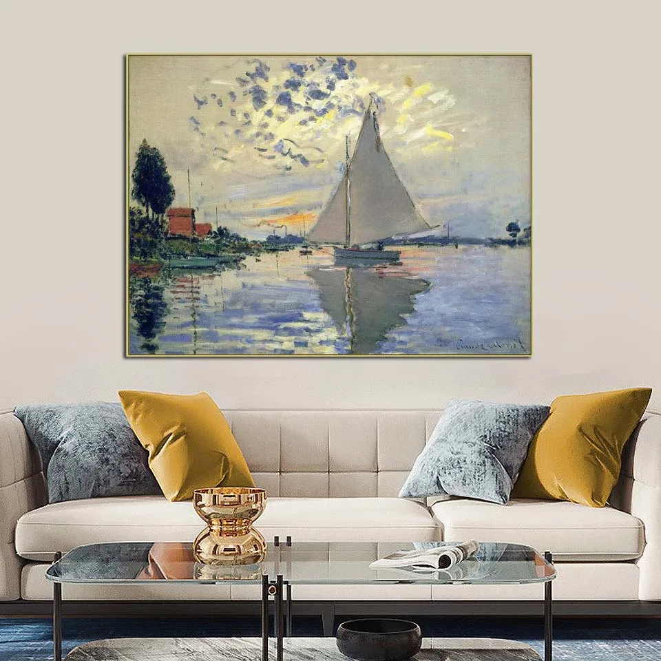 

Claude monet artwork,Sailboat at Le Petit-Gennevilliers,Handmade seascape oil painting on canvas,Luxury wall decoration poster