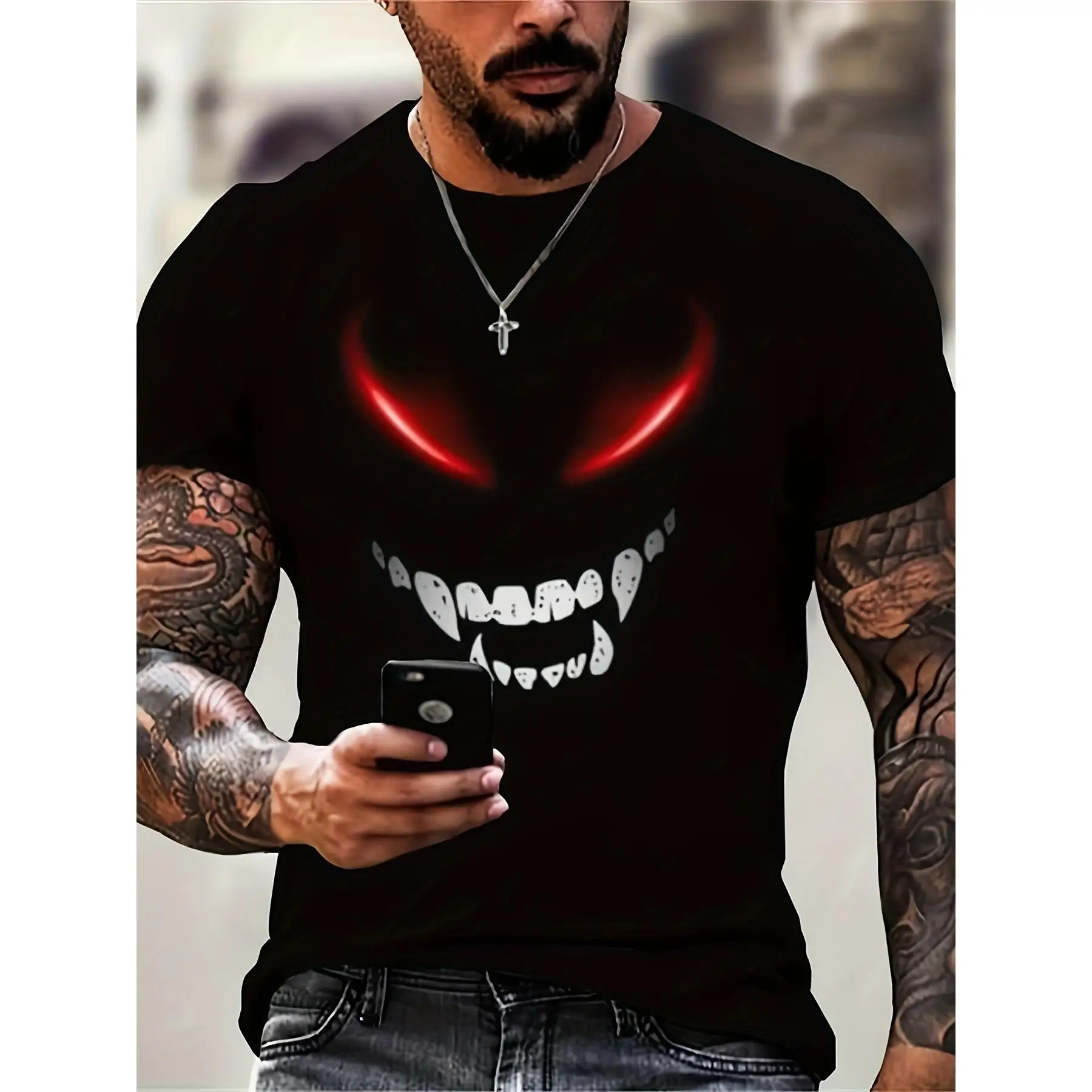 

Men's Trendy Demon Smile T-Shirt Scary Red Eyes Graphic Tee Dark Evil Streetwear Top