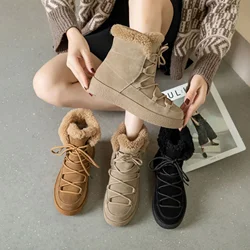 ZR DIARY Snow Boots Women Cow Suede Solid Color Round Toe Thick Sole Lace Up Winter Keep Warm Ladies Ankle Shoes  20270