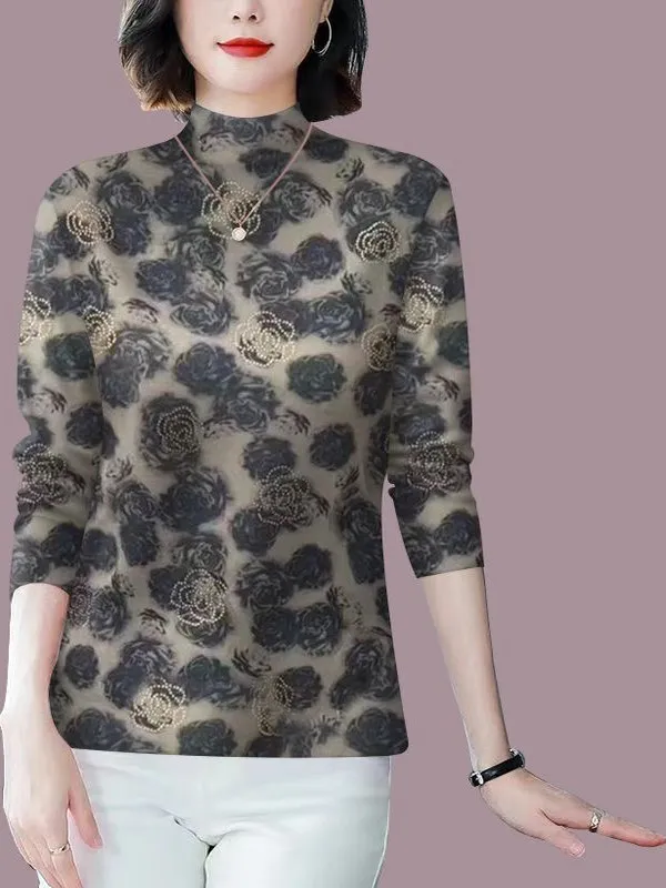 

Thickened Long Sleeve Printed Base Shirt Mommy Style Fleece Lined Half High Collar Women's Fashionable Warm Polyester Fiber T...