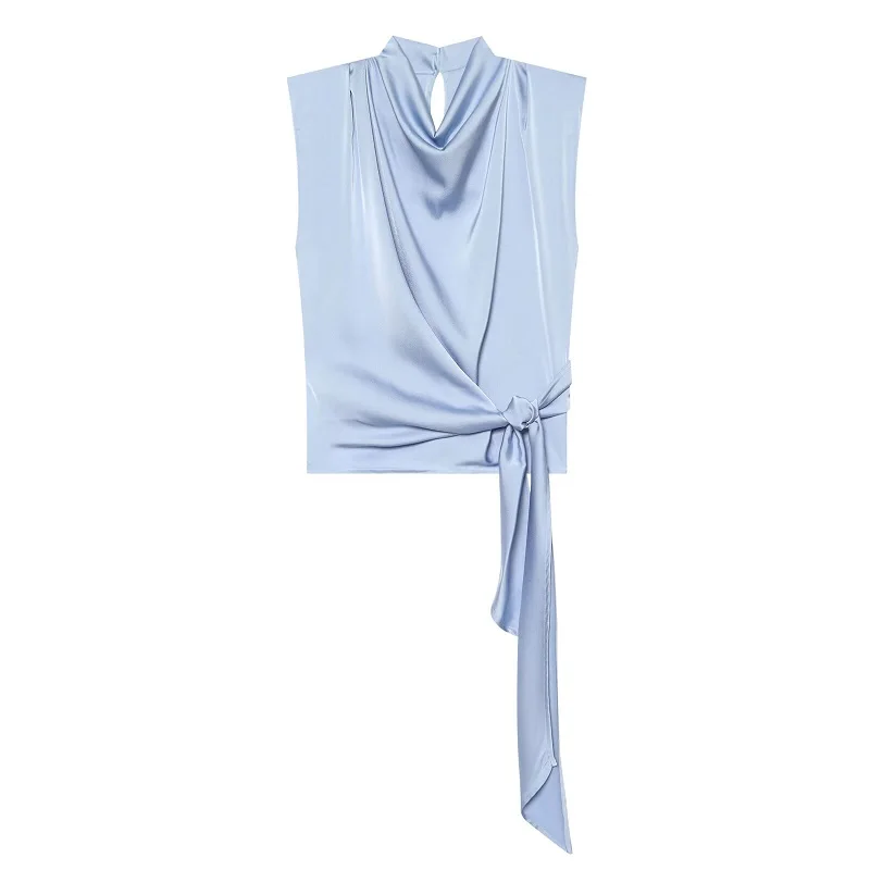 MUJER 2026 Satin Ärmellose Tops für Damen Schleife Plissiertes Crop-Top Sommer Tanktop mit Schulterpolstern Strand Damen-Oberteile – Detail 2