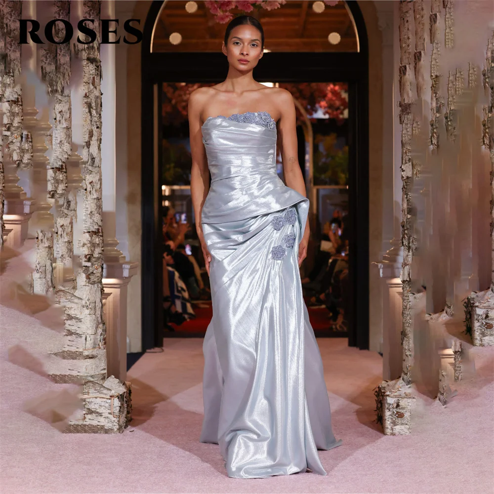 

ROSES Gray Strapless Evening Dress Gown Mermaid Prom Dress Sleeveless Pleat Party Dress for Woman vestidos de noche Customized