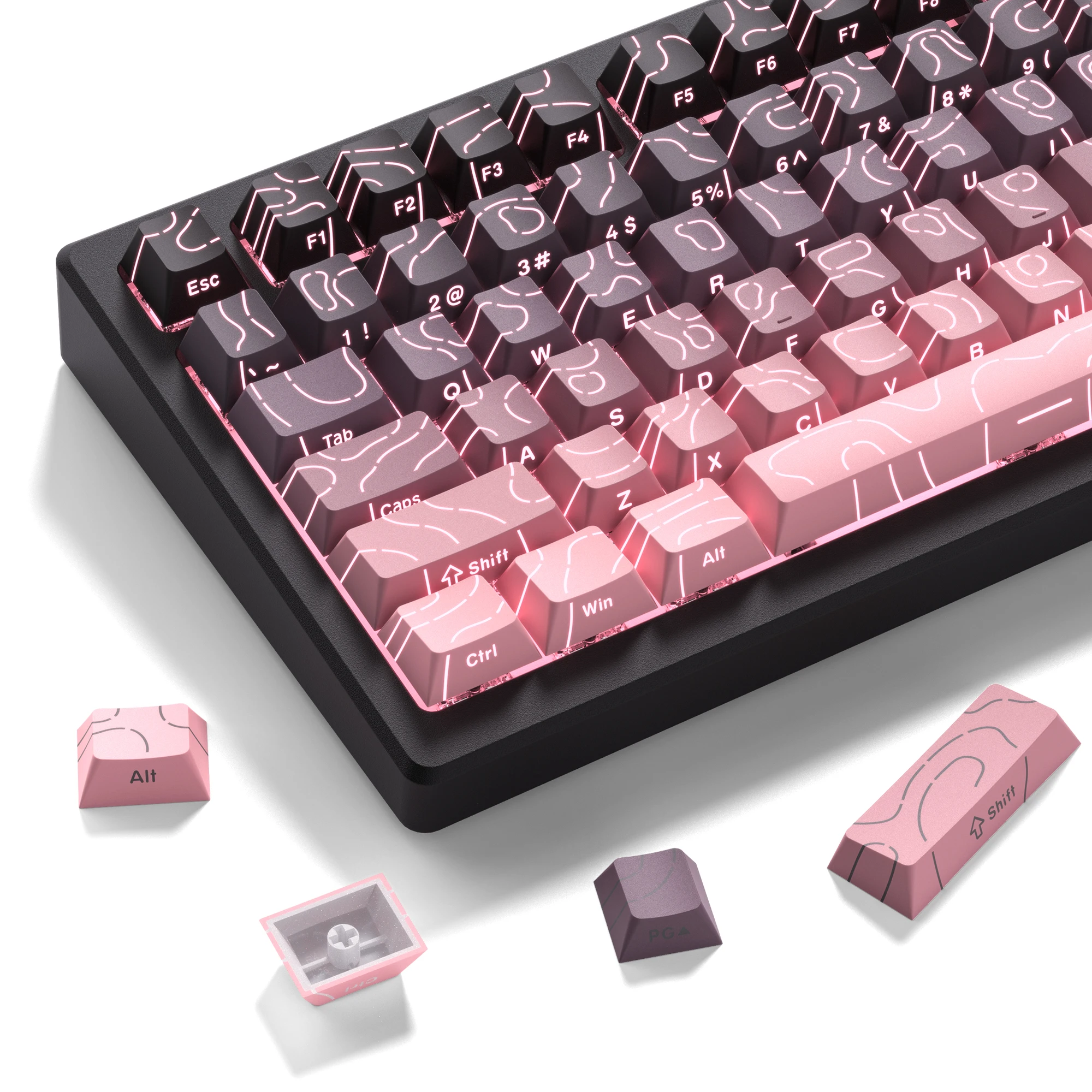 97 Key Pink Topographic Cherry Profile Double Shot PBT Keycaps Side Printed Shine Through Keycaps for MX Switches Gamer Keyboard