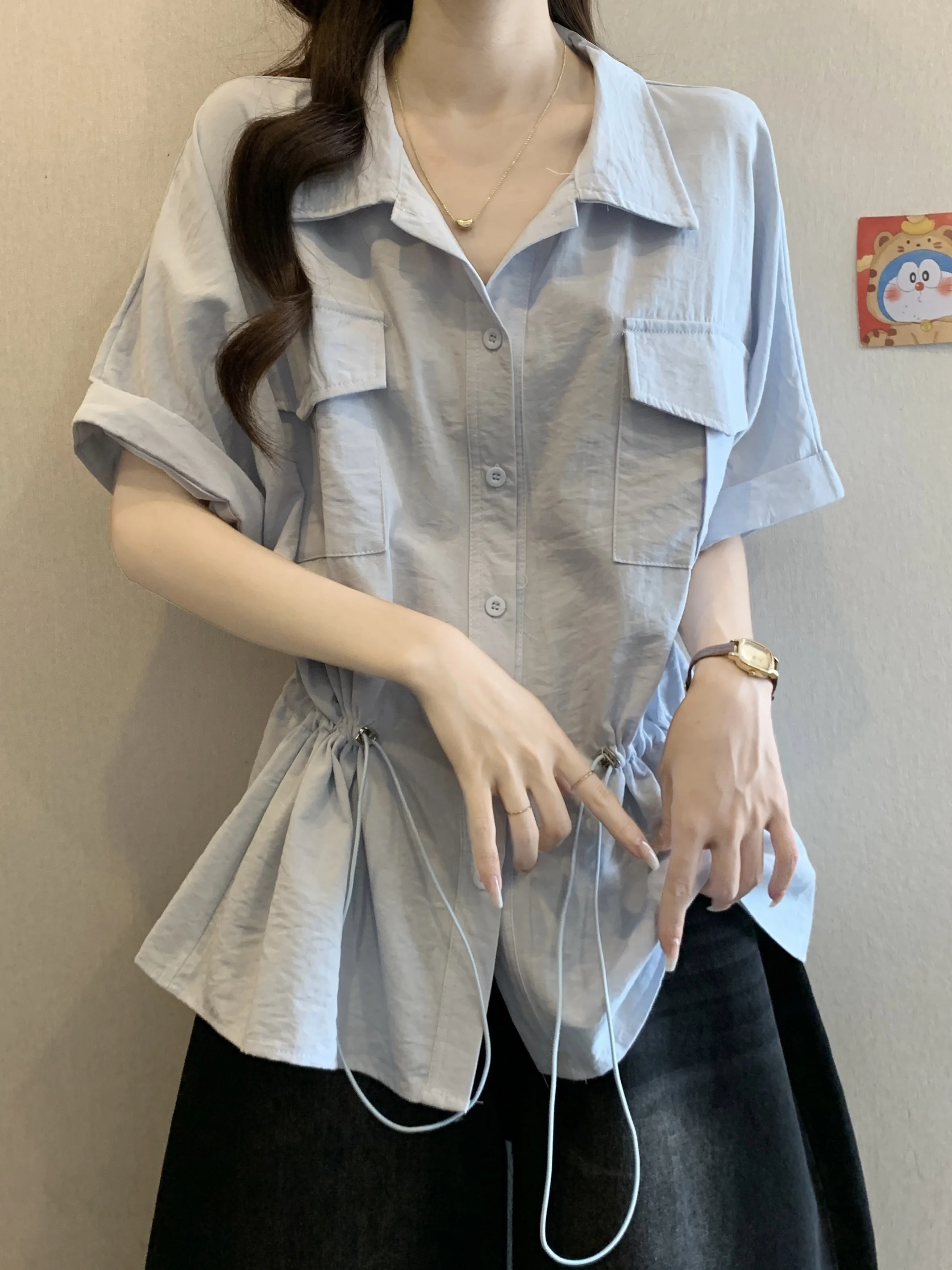 

Женская свободная укороченная рубашка больших размеров с коротким рукавом и завязками на талии, в корейском стиле, для повседневной носки, из полиэстера